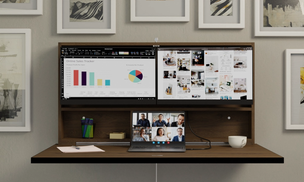 DropTop Desk opened with two screens and a laptop connected and running.