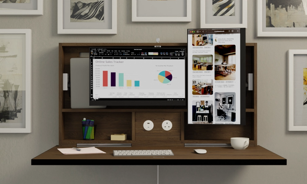 Duel monitor fold down desk with plugs and other additional features.